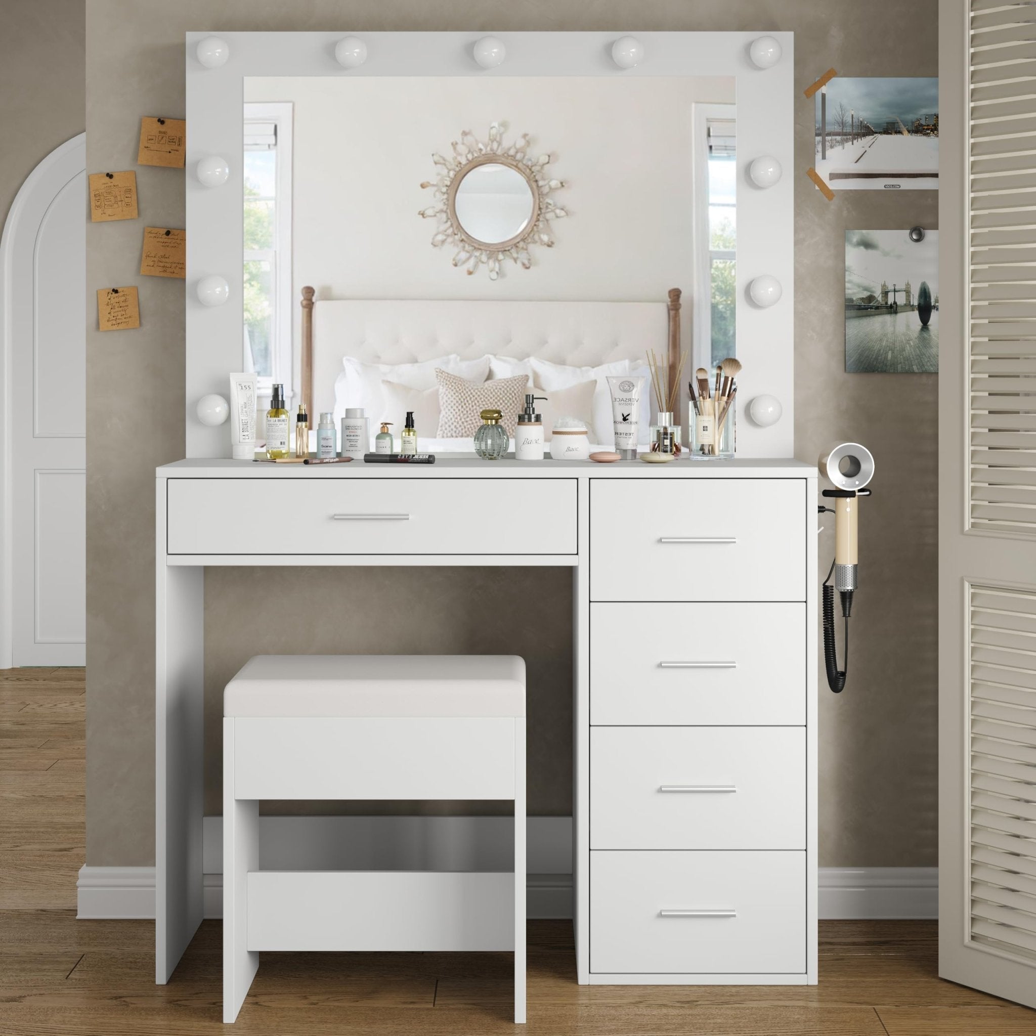 Vektaya US-VD001 Bedroom Makeup Vanity desk with LED Mirror, 5 Drawers